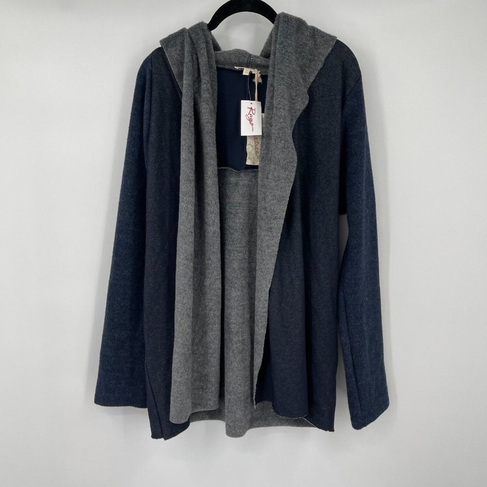 Mystree Cardigan Sweater Large Navy Mix Media Casual Hooded Soft Warm Knit New
